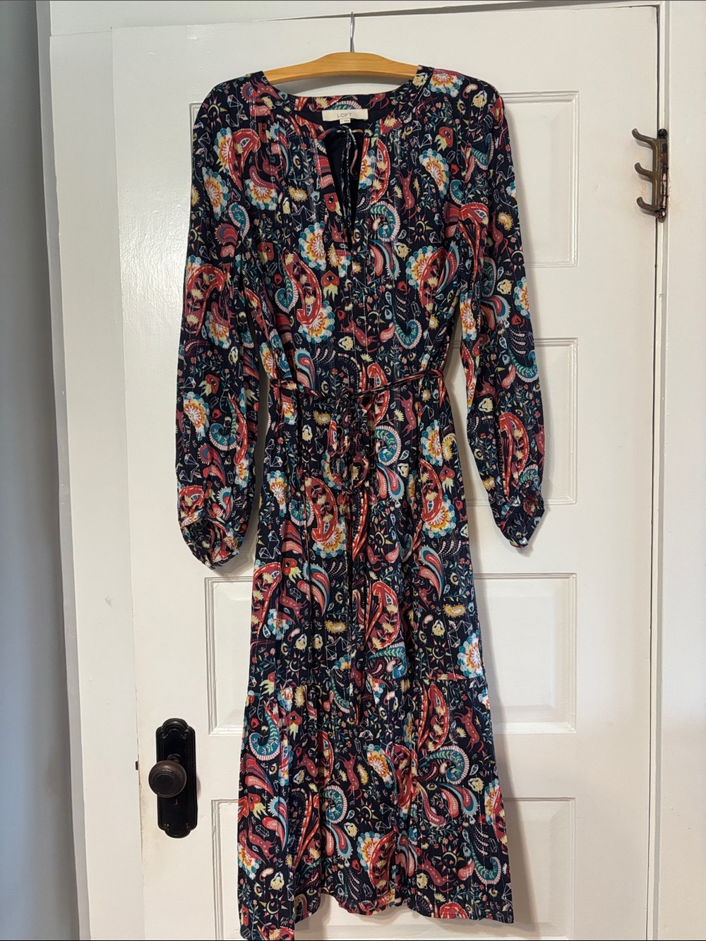 LOFT Navy Multi Paisley Tie-Waist Long Sleeve Maxi Dress